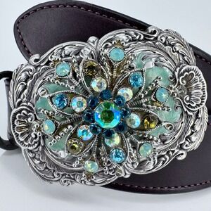 Rare Vintage Cowgirl Western Southwestern Floral Scroll Rhinestone Buckle & Belt